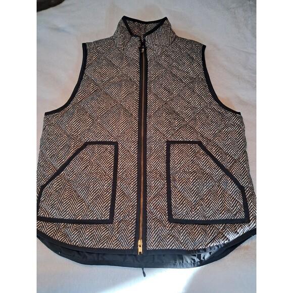 J.Crew Down Filled Vest Black Tan Herringbone 2 Way Zip Snap Pockets Size L Vest - Picture 6 of 10